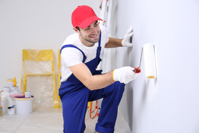 Professional painter applying white paint on office wall during retail space renovation