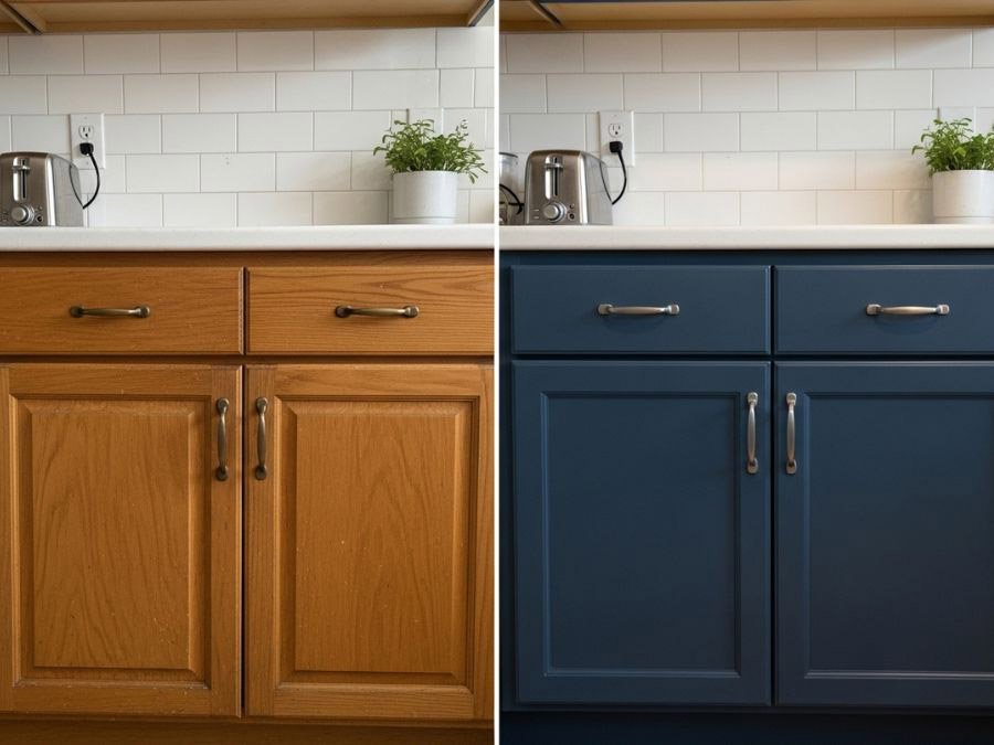 Before and after kitchen cabinet painting from wood to navy blue finish