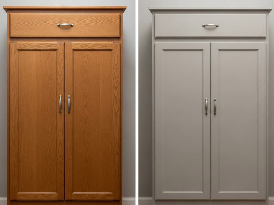 Before and after cabinet refinishing from wood to light gray finish
