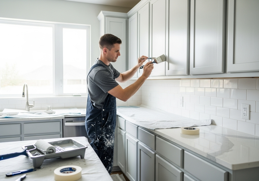 Professional painter applying fresh coat of paint to kitchen cabinets