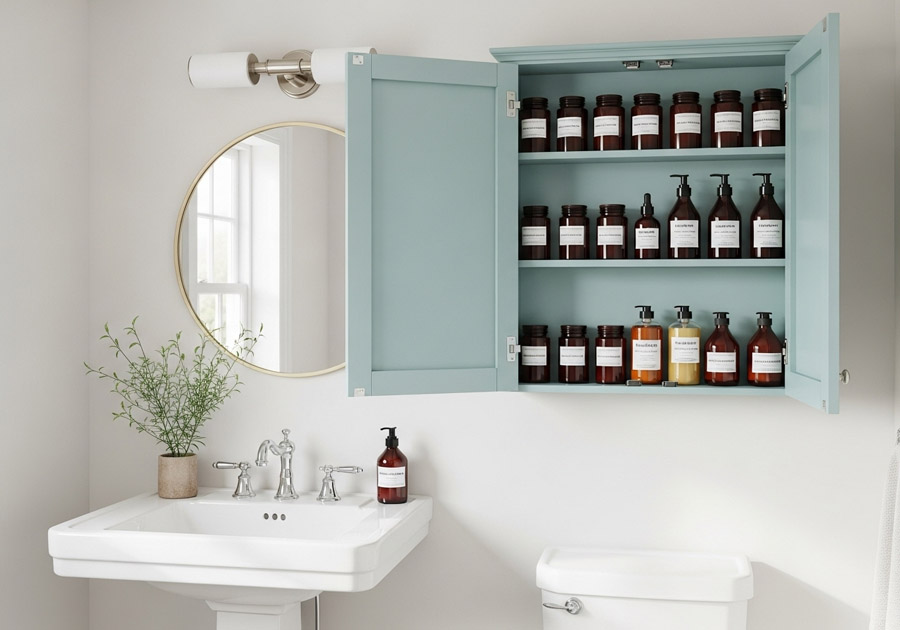 Painted bathroom cabinet in soft mint color above sink