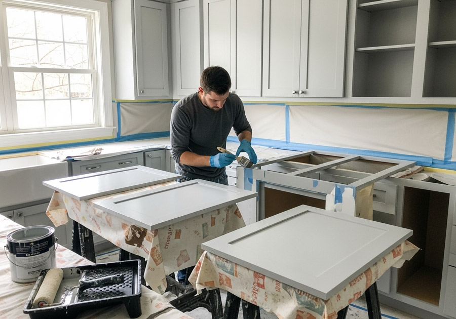 Professional painter refinishing gray kitchen cabinets