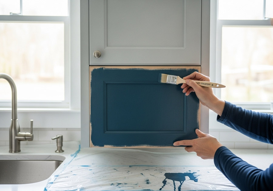 Painting a kitchen cabinet door with blue paint