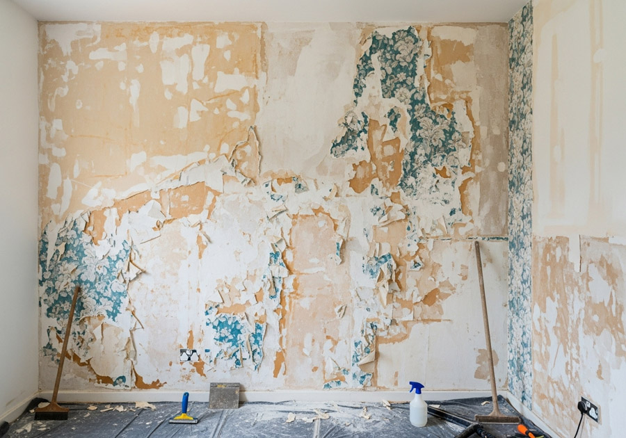 Room with old wallpaper partially removed from the wall during renovation and wall restoration process